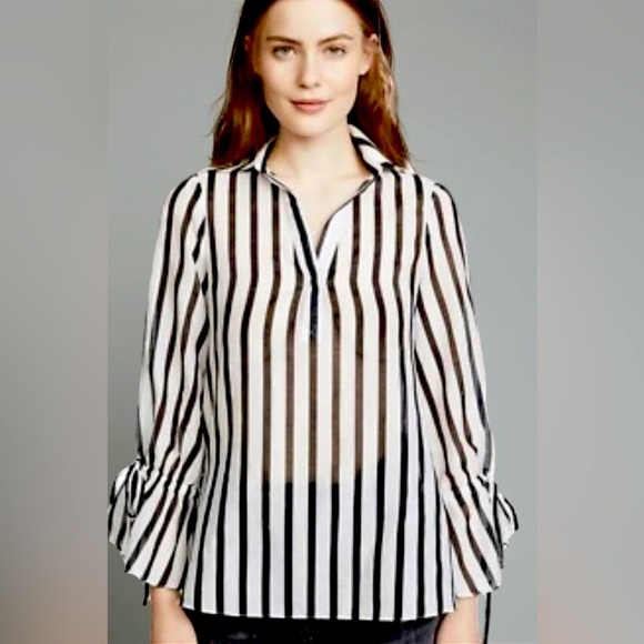 Alice + Olivia Tops - Alice & Olivia Geraldine Bow Tie Sleeve Striped Collared Tunic Top Size Small
